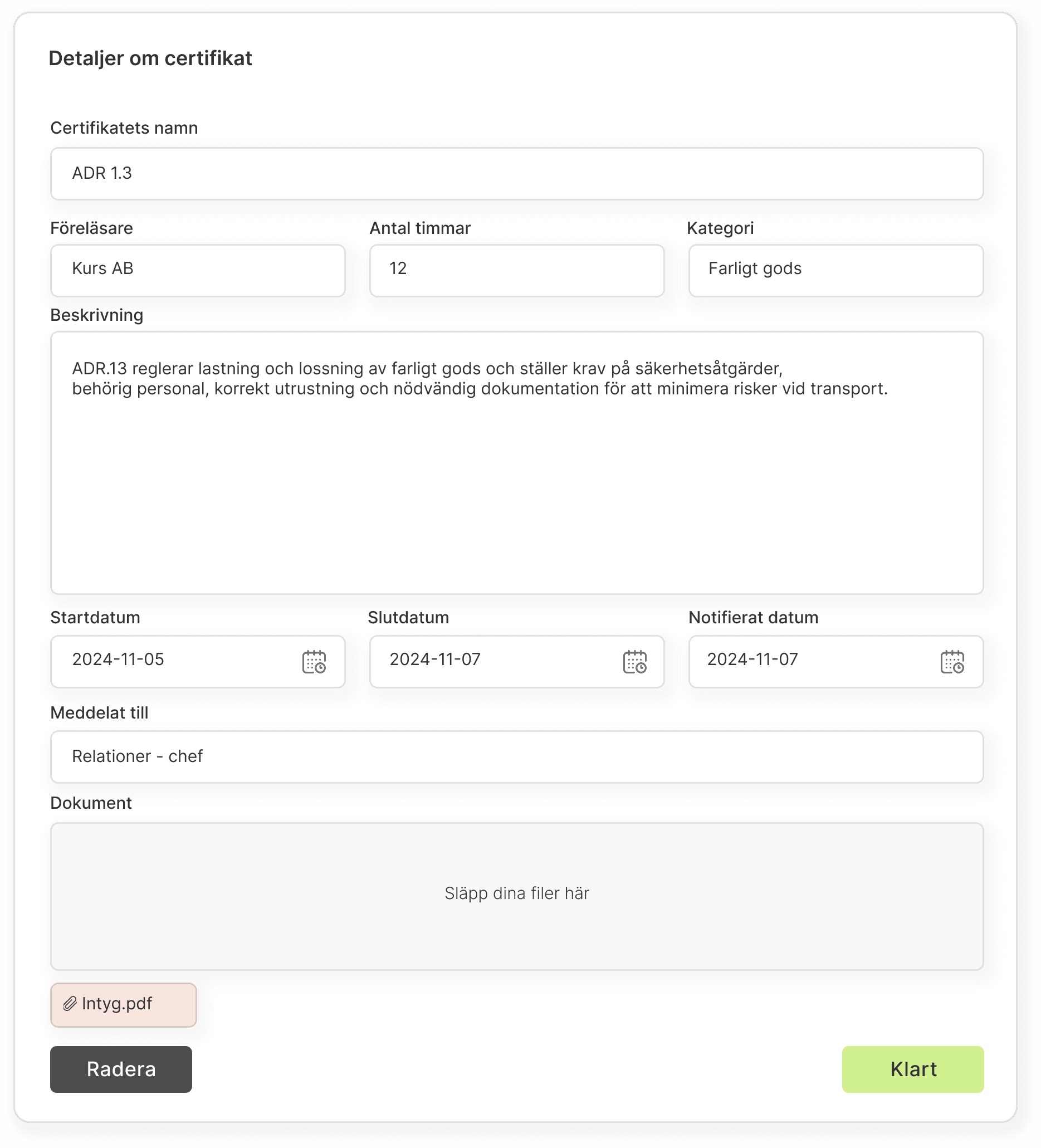 Detaljer om Certifikat 